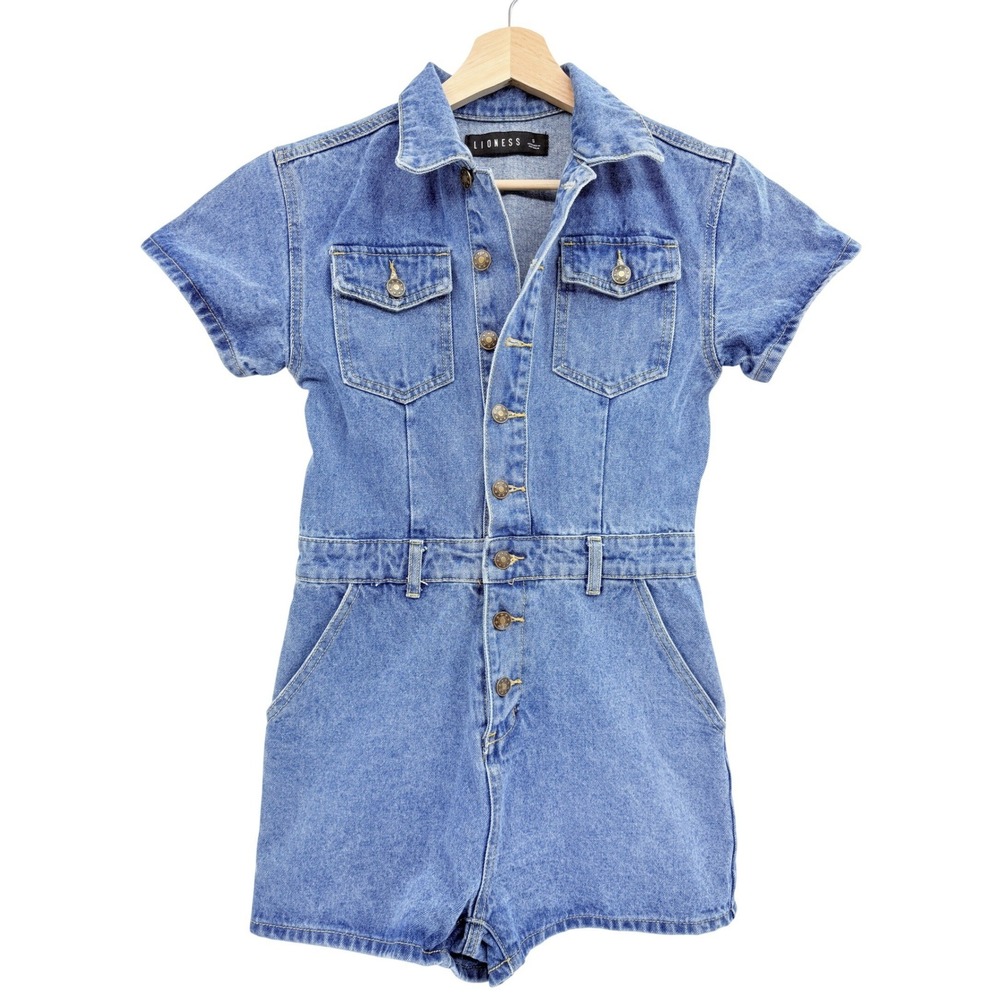 Lioness U Know Whats Up Romper Small Denim Light Wash Coastal Cowgirl